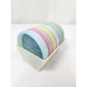 Tupperware Set of 6 pastel colored Wagon Wheel Drink Coasters W/ Caddy #567/566